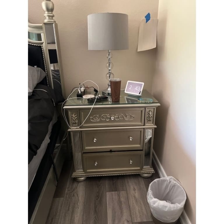 3 Drawers Nightstand with Ornate Carving and USB Ports, Silver