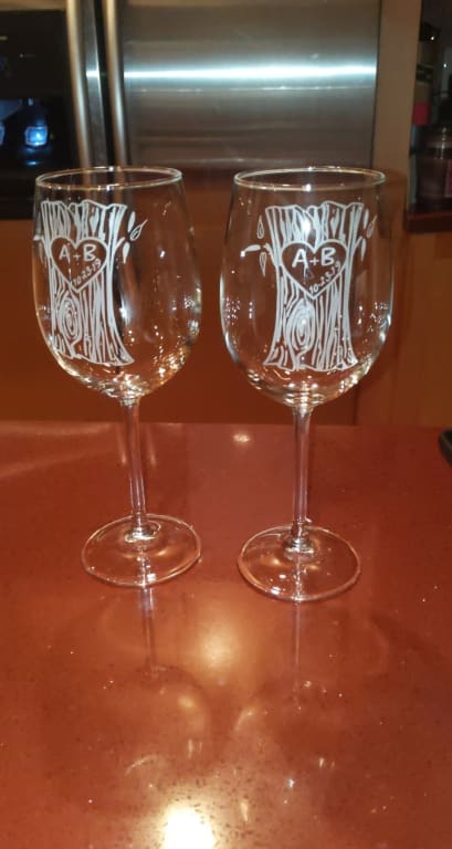 Personalized Tree Trunk Glassware Duo from Uncommon Goods. Customer submitted image.