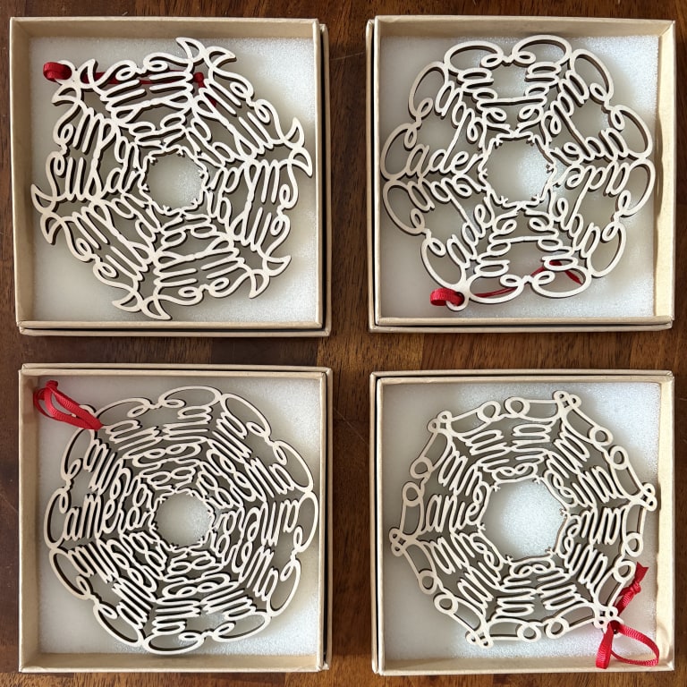 Your Name in a Snowflake Ornament from Uncommon Goods. Customer submitted image.