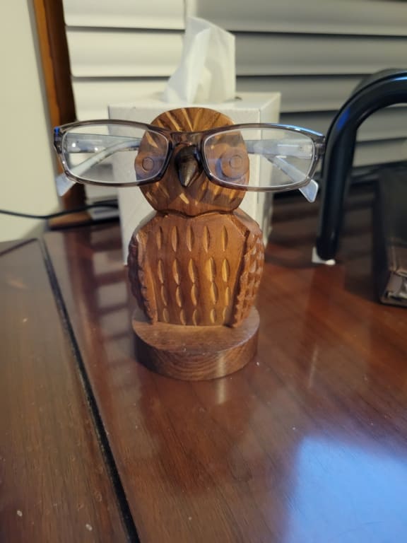 Owl Eyeglasses Holder from Uncommon Goods. Customer submitted image.