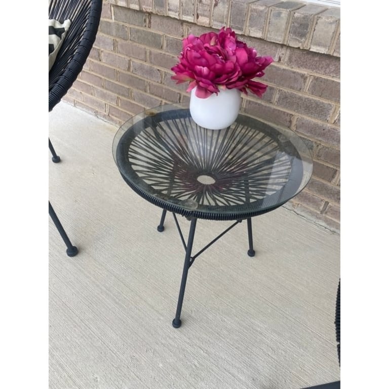 Corvus Sarcelles Modern Woven Wicker Patio Side Table with Glass Top