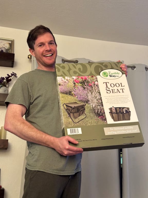 Gardener's Tool Seat from Uncommon Goods. Customer submitted image.