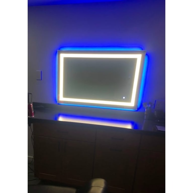 39.5 in x 28.5 in. White/Blue LED Lighted Mirror With Touch Sensor 39.5 in x 28.5 in. White/Blue LED Lighted Mirror With Touch Sensor