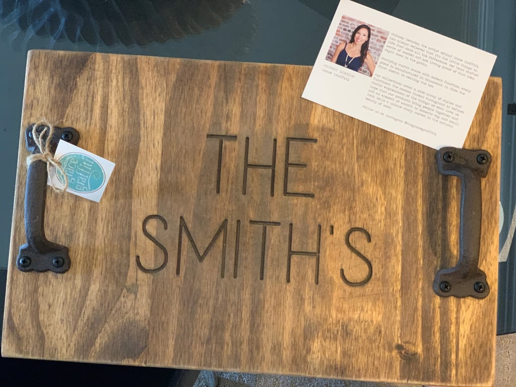Personalized Rustic Serving Tray from Uncommon Goods. Customer submitted image.