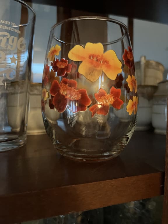 Birth Month Flower Printed Glass from Uncommon Goods. Customer submitted image.