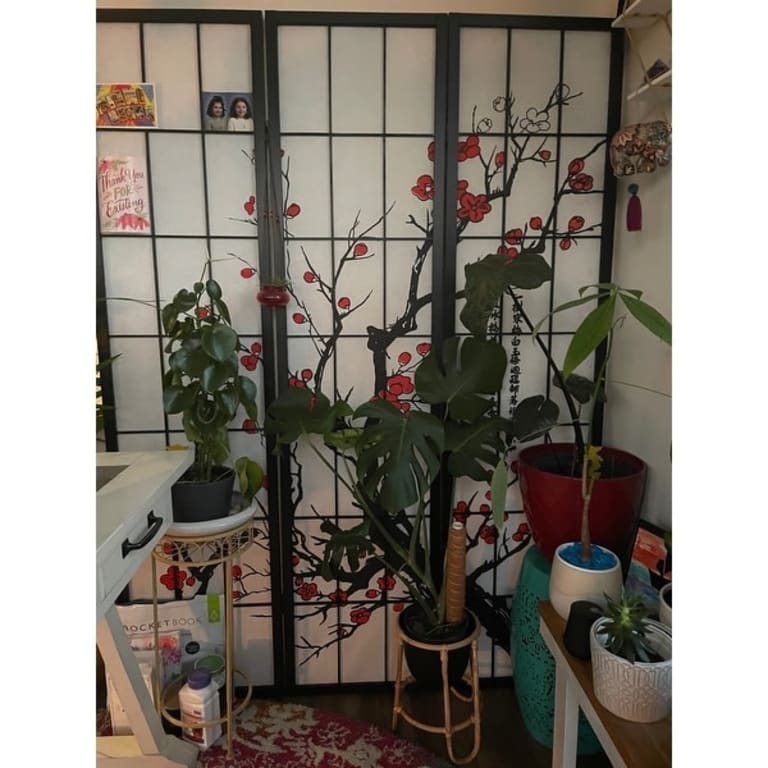 Roundhill Furniture Japanese 4Panel Screen Room Divider, Plum Blossom On Sale Bed Bath