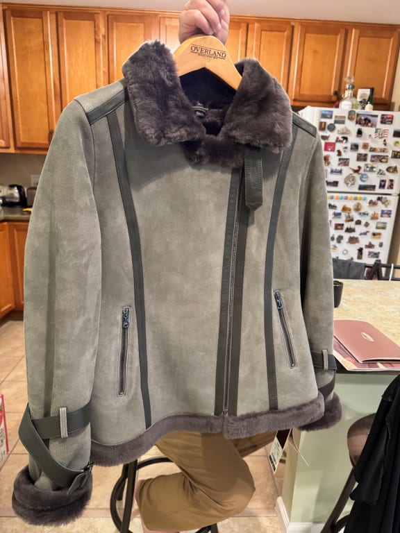 Customer Image Captioned: Olivia Sheepskin Bomber Jacket