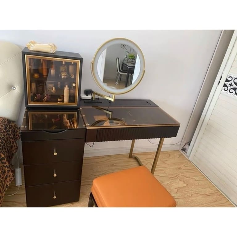 Midcentury Modern Makeup Vanity Table Set, LED Mirror, Tempered Glass
