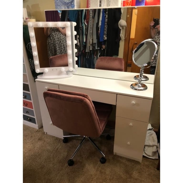 boahaus artemisia dressing table ebern designs Boahaus GRWM Artemisia Lighted Makeup Vanity with Mirror, Bluetooth & Power Outlet, White