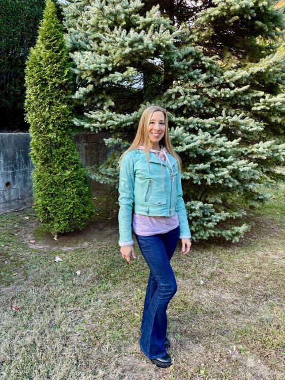 Customer Image Captioned: The Ariel Aqua Moto Jacket is My New Favorite Piece!