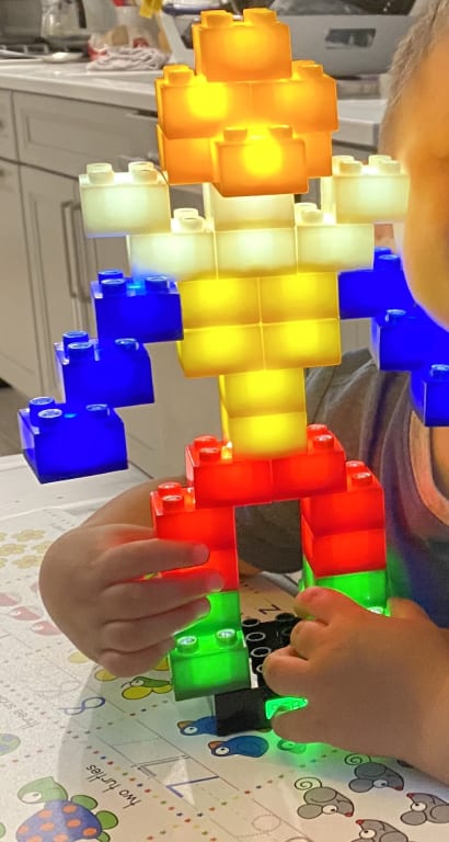 Toddler Sound-Activated Light Blocks from Uncommon Goods. Customer submitted image.