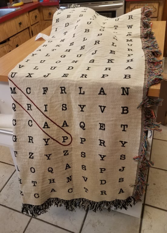 Personalized Word Search Throw Blanket from Uncommon Goods. Customer submitted image.