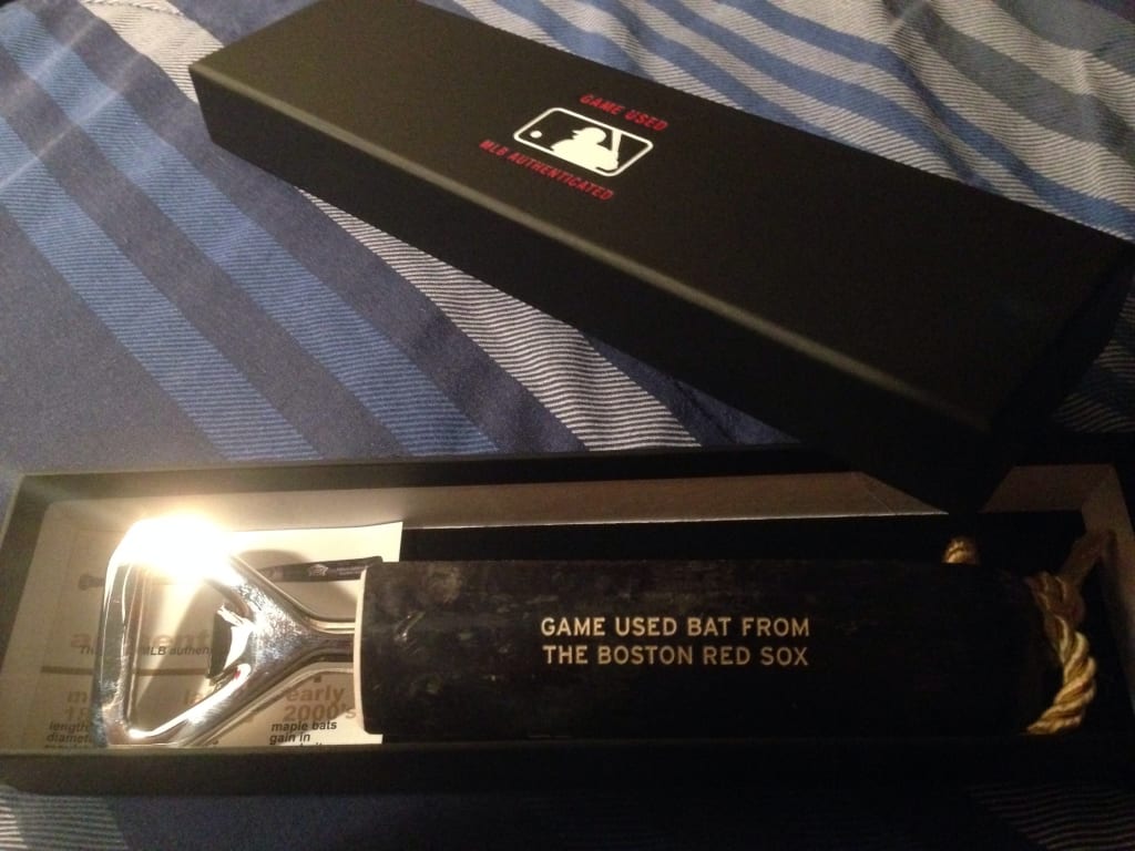 MLB Game Used Baseball Bat Bottle Openers from Uncommon Goods. Customer submitted image.