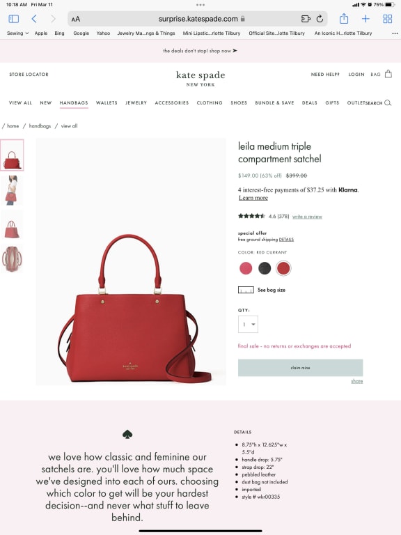 Kate Spade Leila Medium Triple Compartment Satchel in Cherrywood (WKR00335)  - USA Loveshoppe