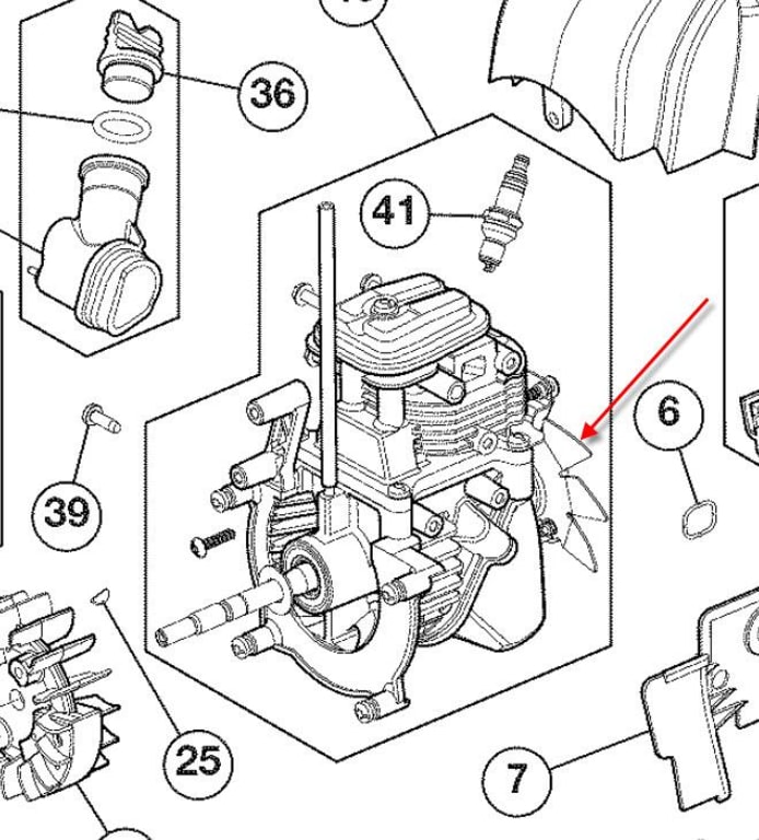 Red arrow pointing to flywheel/fan where plastic, spring loaded tabs are located - no diagram for these.