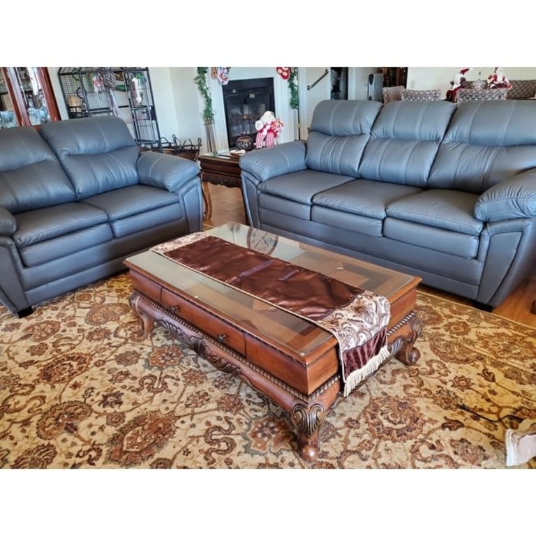 Marcus Premium Grey Top Grain Leather Sofa, Loveseat and Chair On