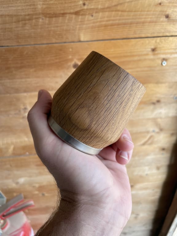 Whiskey Enhancing Oak Tumbler from Uncommon Goods. Customer submitted image.