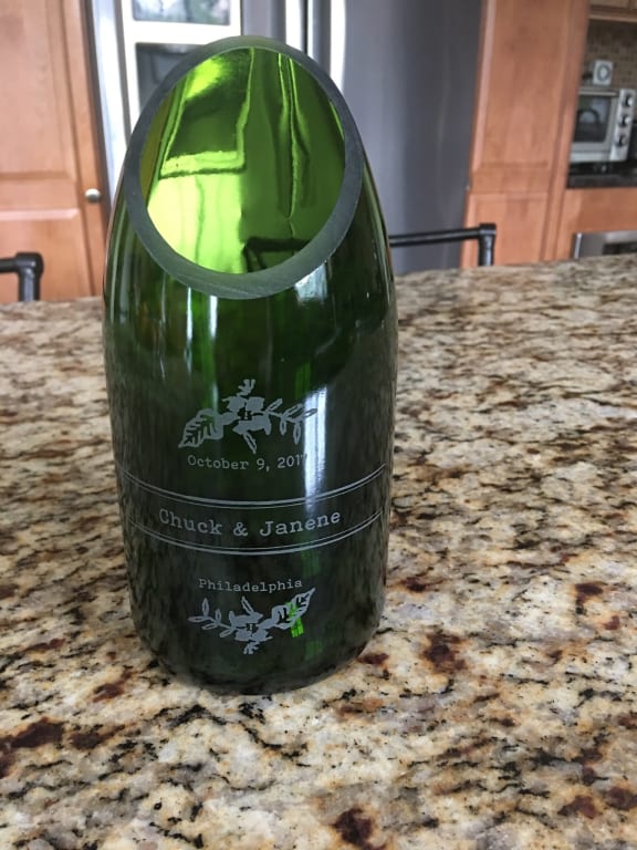 Personalized Champagne Wedding Vase from Uncommon Goods. Customer submitted image.