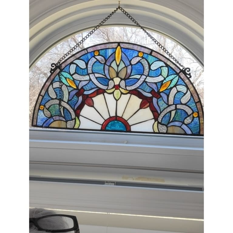 River of Goods Victorian Corista Half-Moon Stained Glass Window Panel