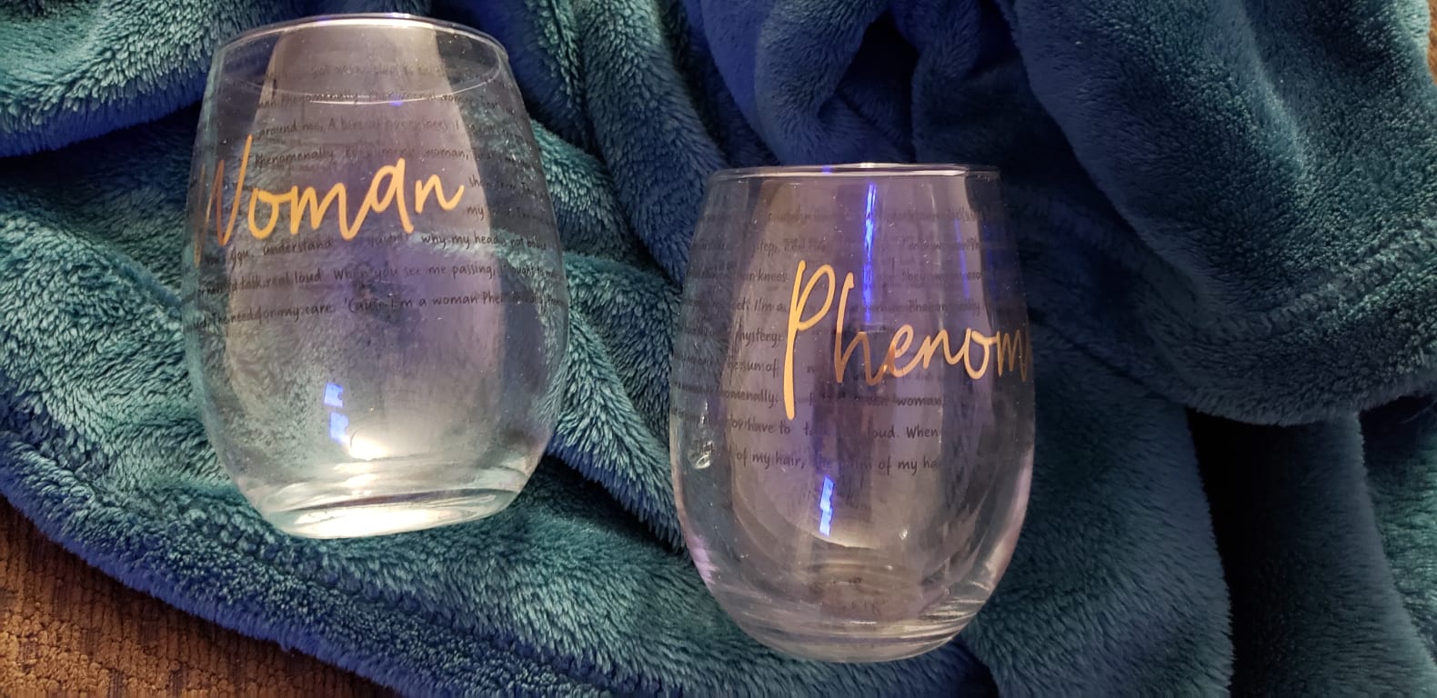 Maya Angelou Phenomenal Woman Glasses - Set of 2 from Uncommon Goods. Customer submitted image.
