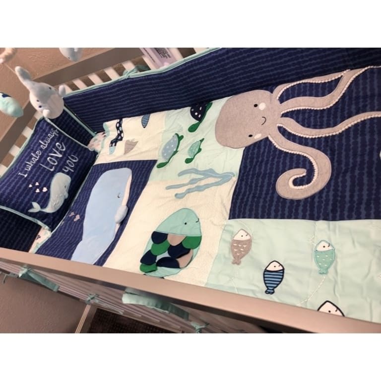 Lambs & Ivy Oceania Blue/Gray/White Whale with Octopus and Fish