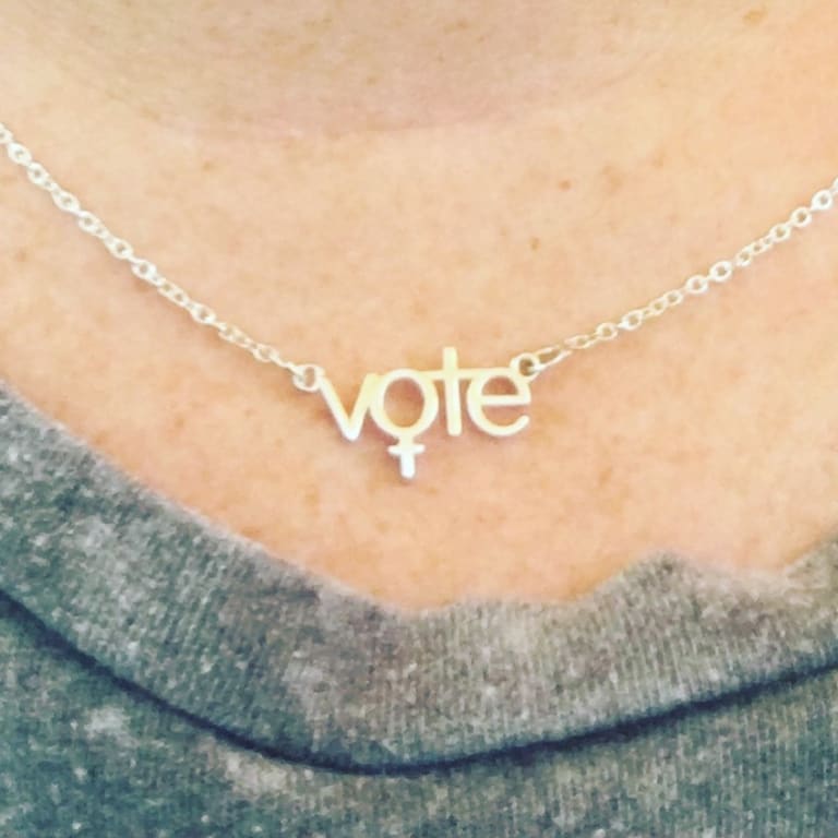 The Vote Necklace from Uncommon Goods. Customer submitted image.