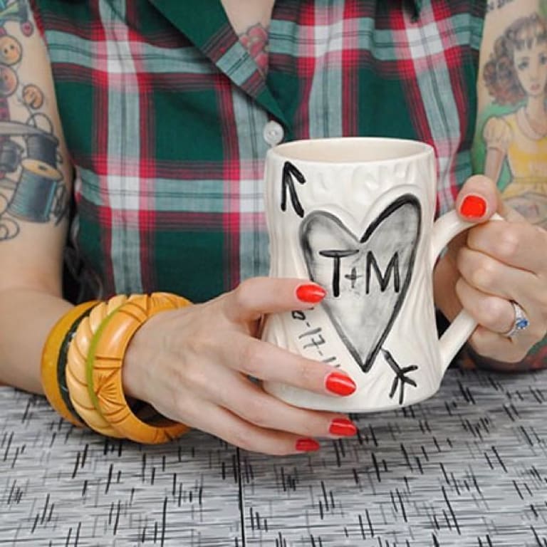 Personalized Porcelain Faux Bois Mug Set from Uncommon Goods. Customer submitted image.