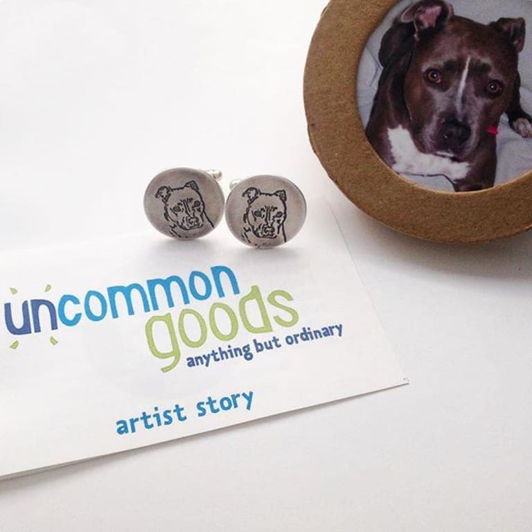 Custom Pet Portrait Cufflinks from Uncommon Goods. Customer submitted image.