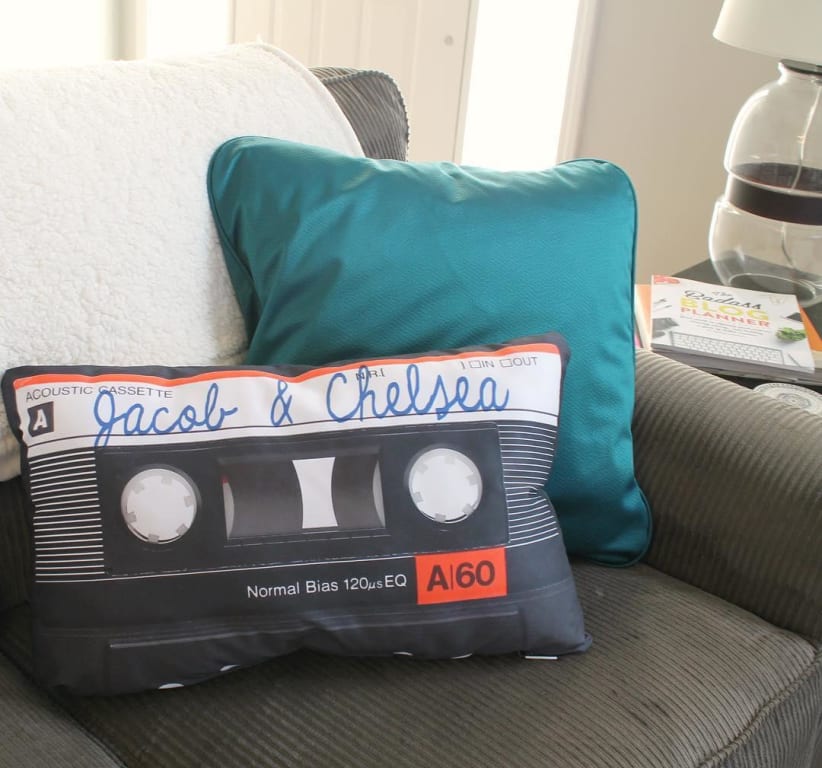 Personalized Mixtape Pillow from Uncommon Goods. Customer submitted image.