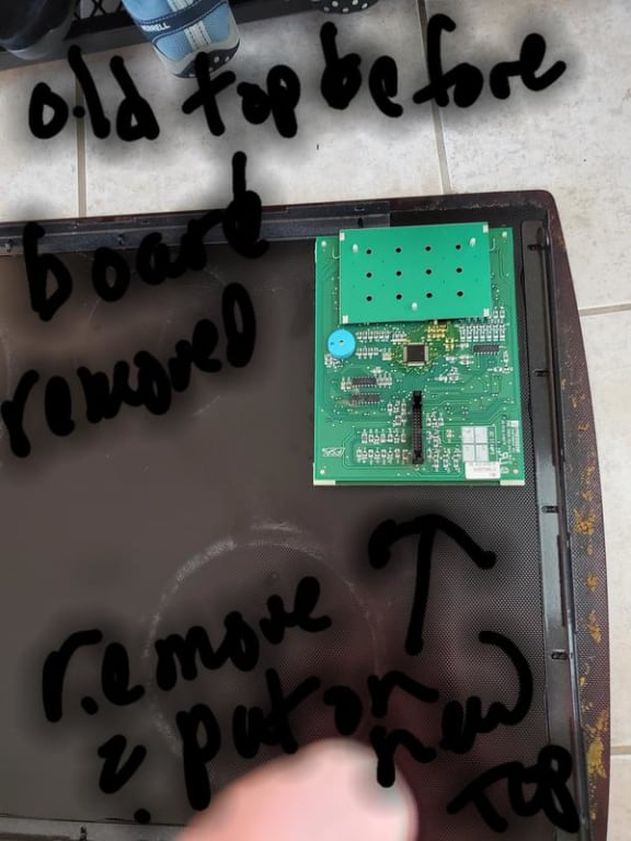 Remove the board from old glass by pressing in at the bottom of each of the 4 white plastic connectors. Go slowly and take care not to tweak the board .