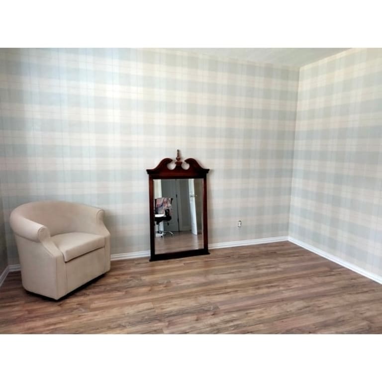 Newcastle Plaid Wallpaper, In Light Teal, OffWhite, & Gray Bed Bath