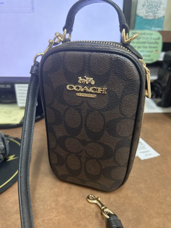 Coach CK191 Pebbled Leather Signature Eva Phone Crossbody Handbag Khaki  Tangerin