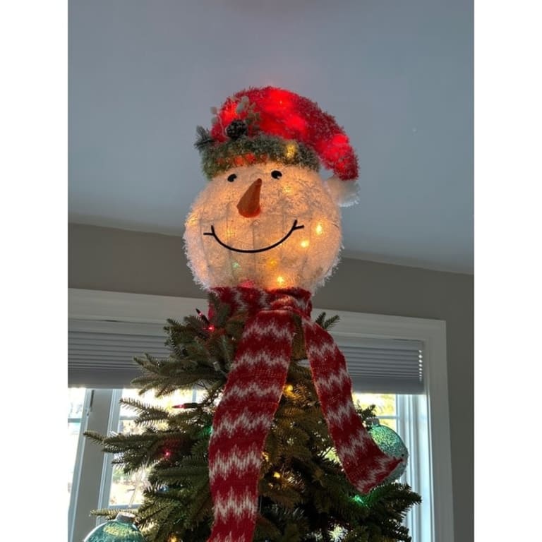 22" Lighted Snowman Wearing a Red Frosted Hat with Pine Christmas Tree