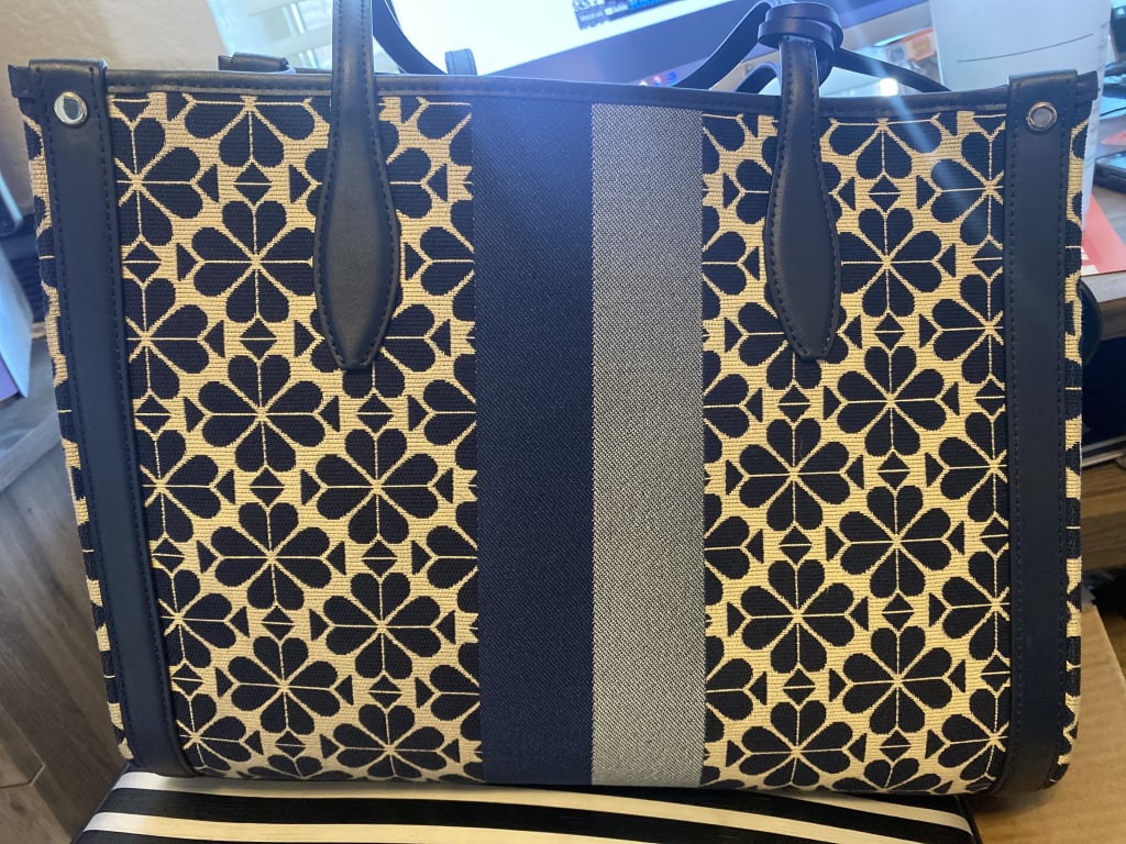 KATE SPADE Spade Flower Jacquard Stripe Manhattan Small Tote Bag For Women (Navy, OS)