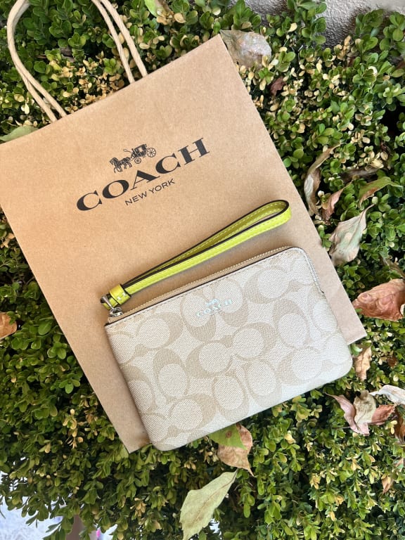 Coach Large Corner Zip Wristlet In Signature Canvas in Khaki/ Saddle 2 –