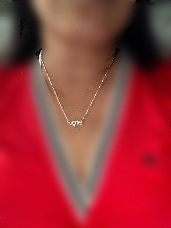 The Vote Necklace from Uncommon Goods. Customer submitted image.