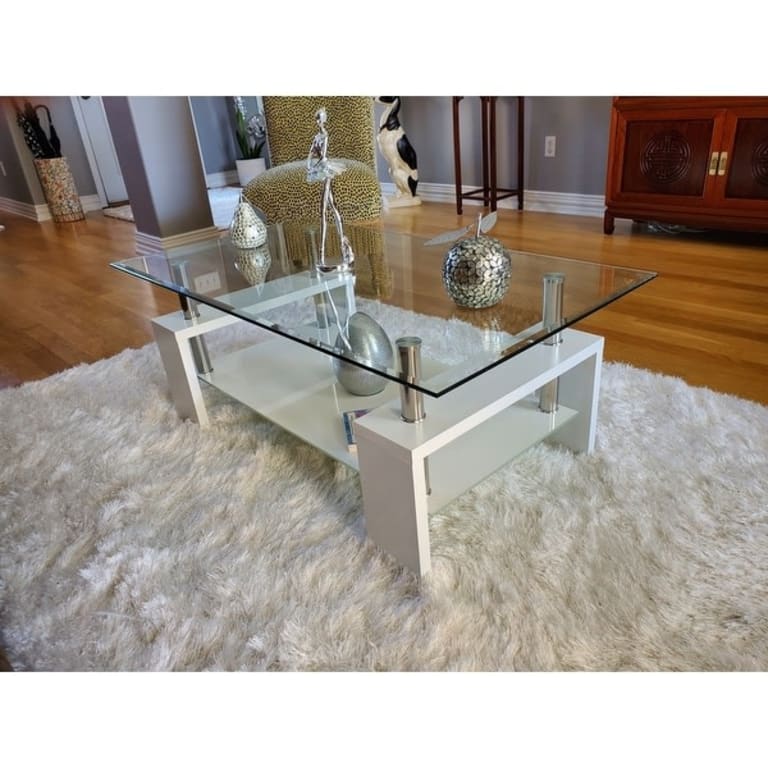 Costway Rectangular Tempered Glass Coffee Table w/Shelf Wood Living
