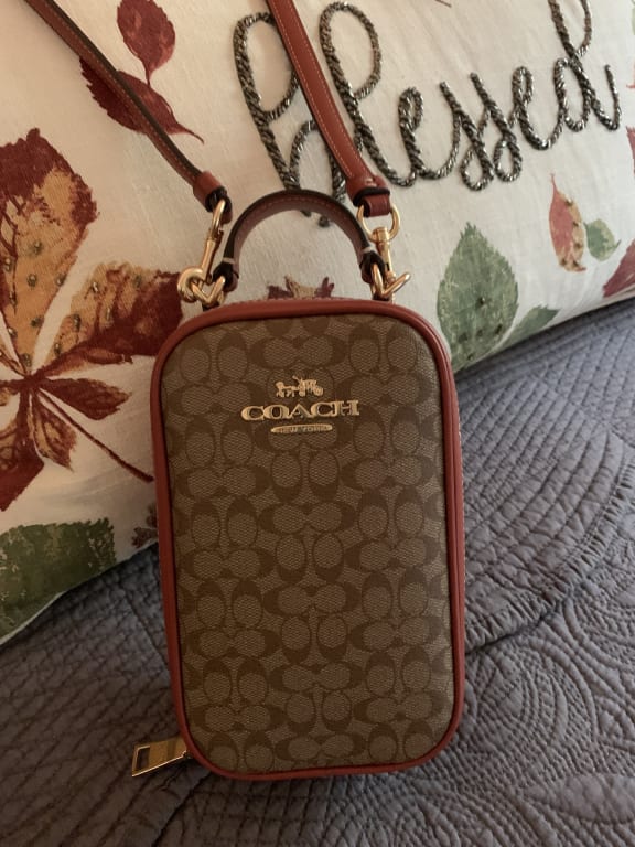 (Pre Order) coach eva phone crossbody signature khaki terracotta