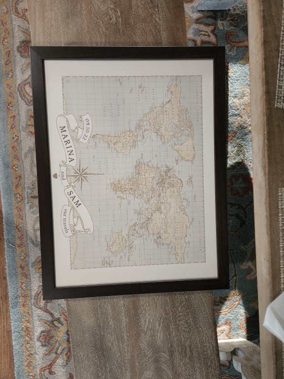 Personalized Anniversary Pushpin World Map from Uncommon Goods. Customer submitted image.