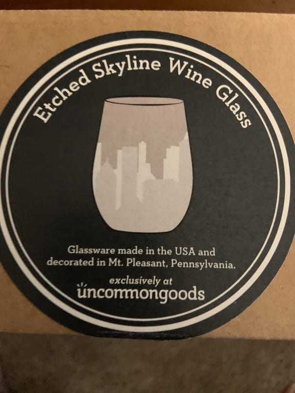 Etched Skyline Wine Glass from Uncommon Goods. Customer submitted image.