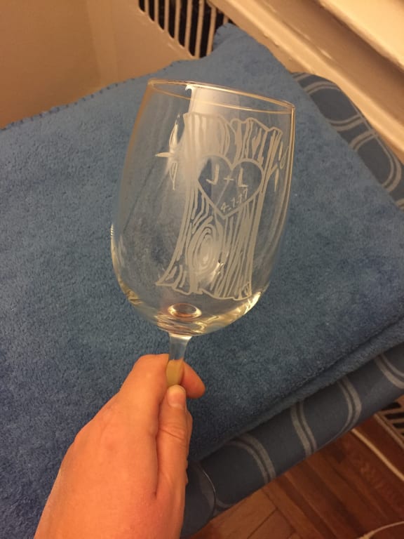Personalized Tree Trunk Glassware Duo from Uncommon Goods. Customer submitted image.