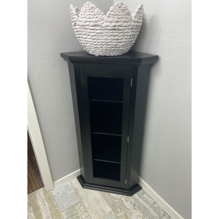 Corner Curio Storage with Glass Door, Black Finish Bed Bath