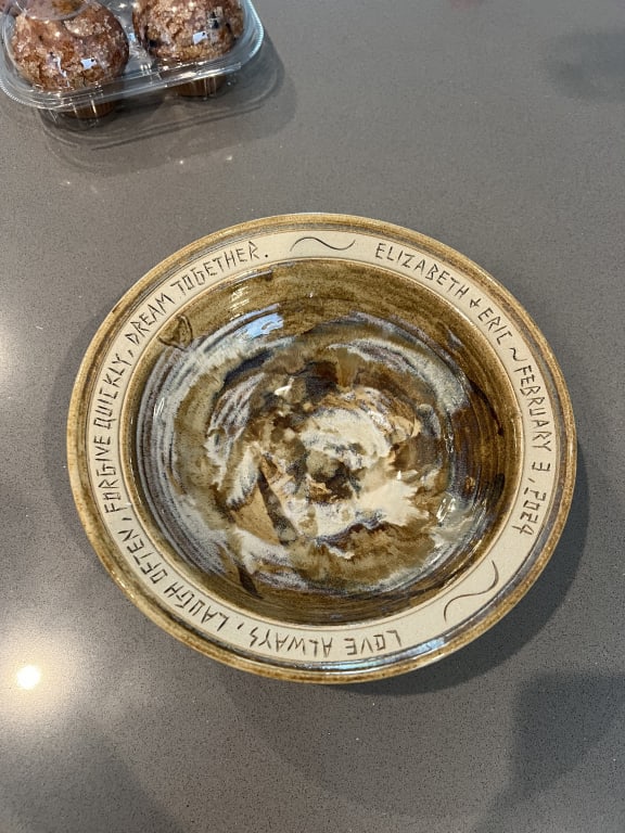 Personalized Dream Together Wedding Bowl from Uncommon Goods. Customer submitted image.