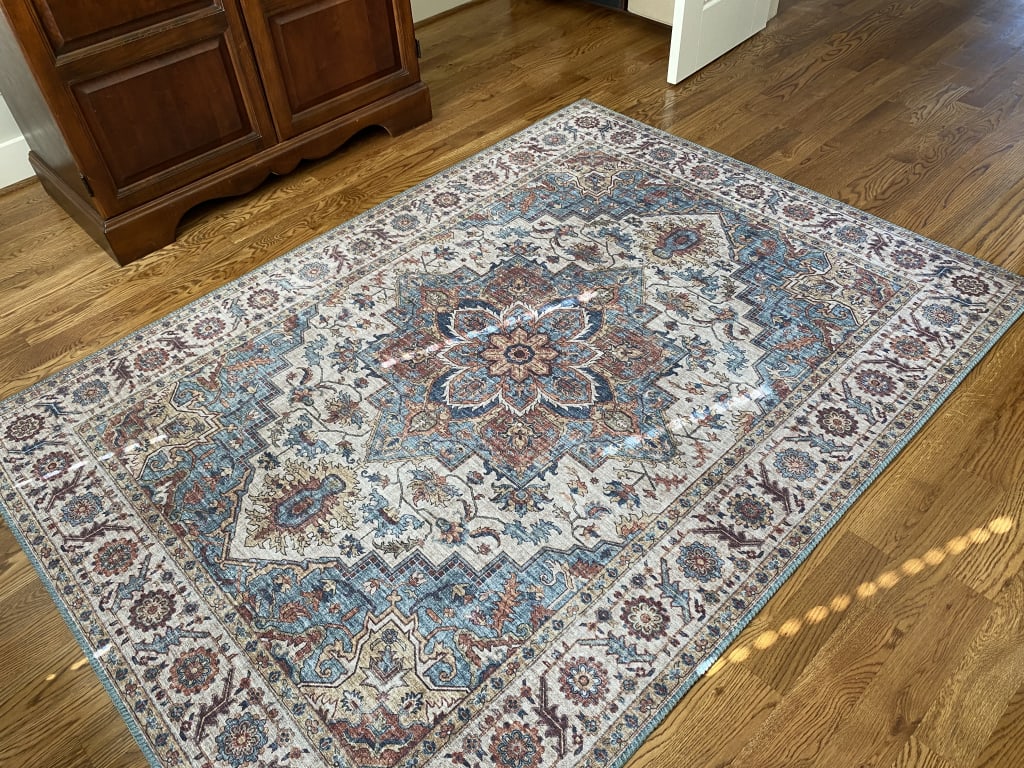 Found & Fable Chenille Printed Vintage Look Blue Medallion Area Rug, 5x7, Sold by at Home