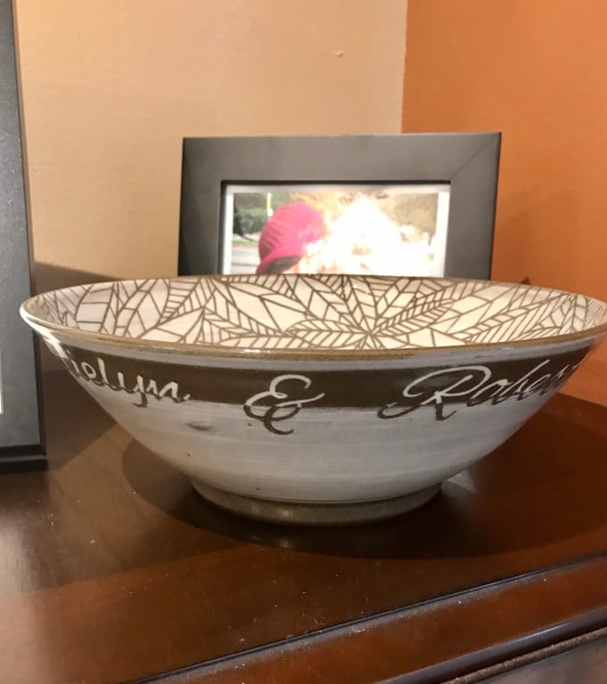 Flower Carved Custom Wedding Bowls from Uncommon Goods. Customer submitted image.