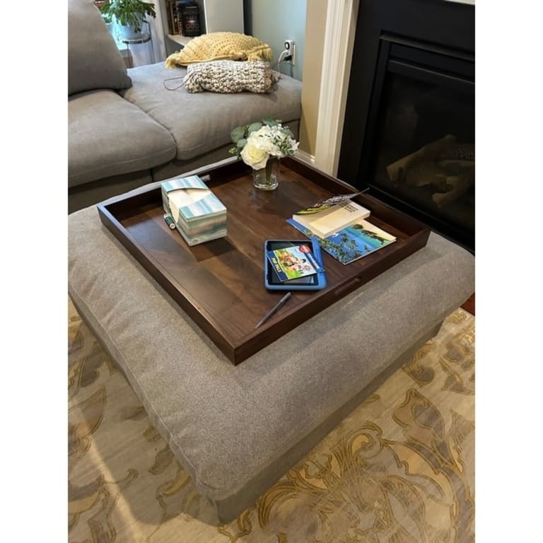 20 x 20 Inch Square Walnut Wood Serving and Coffee Table Tray with Handles