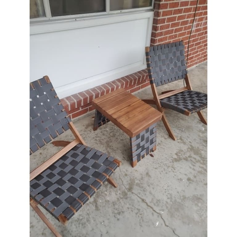 Huntsville Outdoor Foldable 2 Seater Acacia Wood Chat Set with Strapping Belt Accents, Brown and Gray