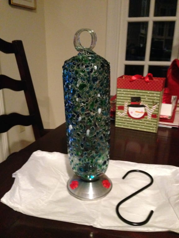Glass Confetti Hummingbird Feeder from Uncommon Goods. Customer submitted image.