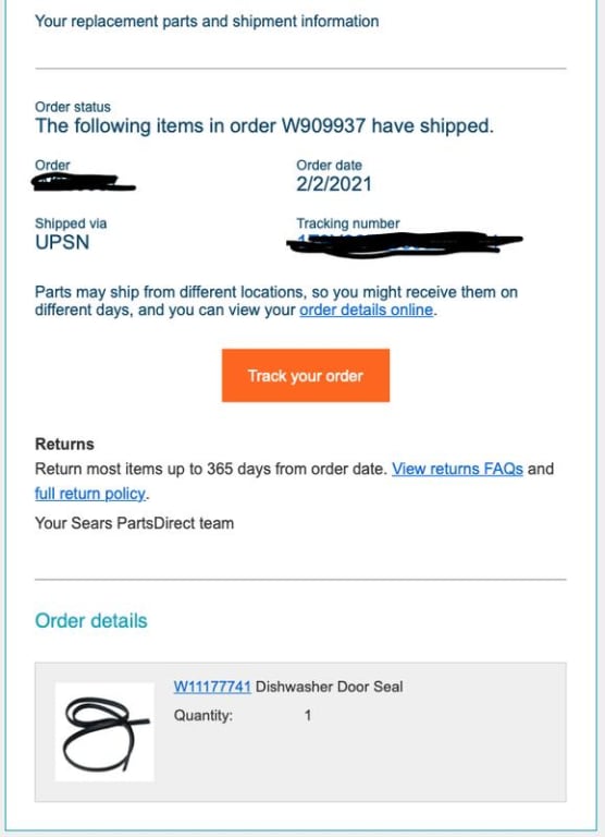 shipment notification (note missing item)