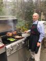 Easter dinner--two legs of lamb, home made sausage & asparagus.